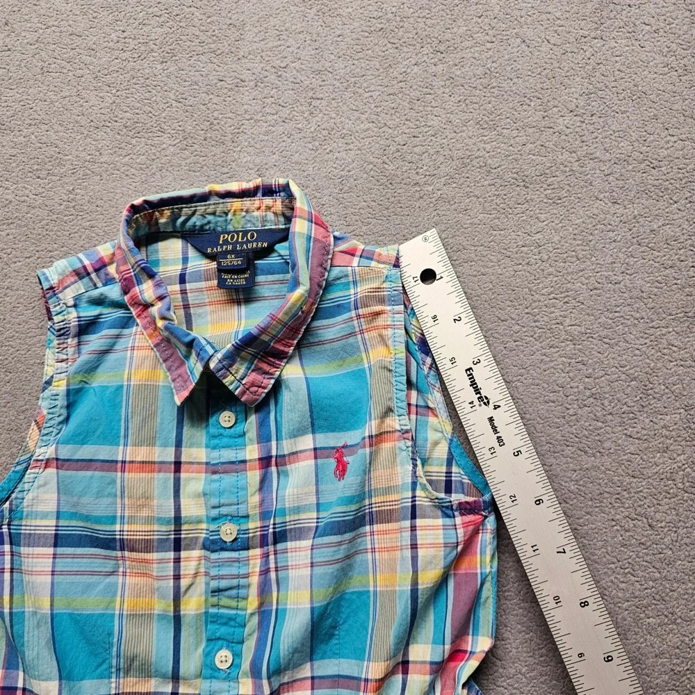 Polo Ralph Lauren Plaid Dress Girls 6X Blue Pink Madras Sleeveless Fit Flare